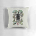 Decorative throw pillow with an illustration of an enchanted forest gate surrounded by trees, stars, and mystical elements.