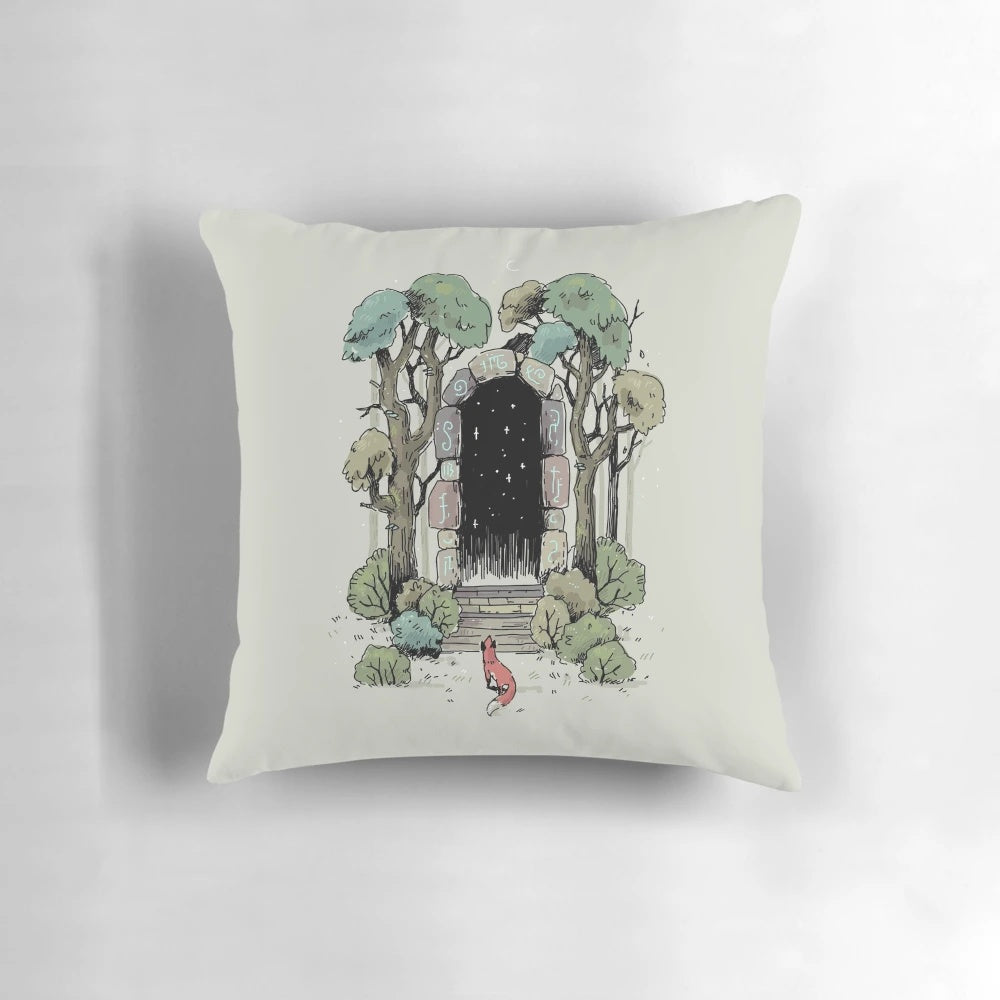 Decorative throw pillow with an illustration of an enchanted forest gate surrounded by trees, stars, and mystical elements.