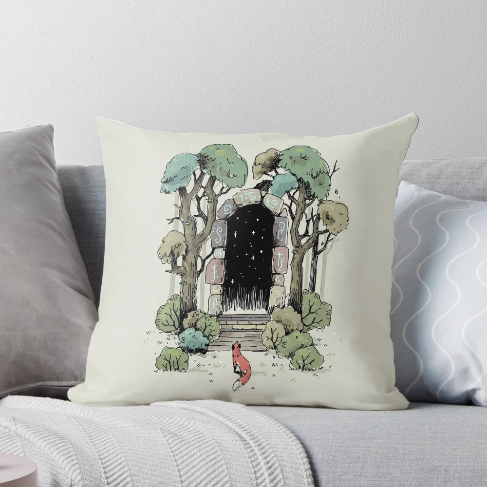 Decorative throw pillow with an illustration of an enchanted forest gate surrounded by trees, stars, and mystical elements.