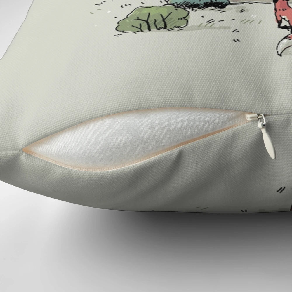 Decorative throw pillow with an illustration of an enchanted forest gate surrounded by trees, stars, and mystical elements.