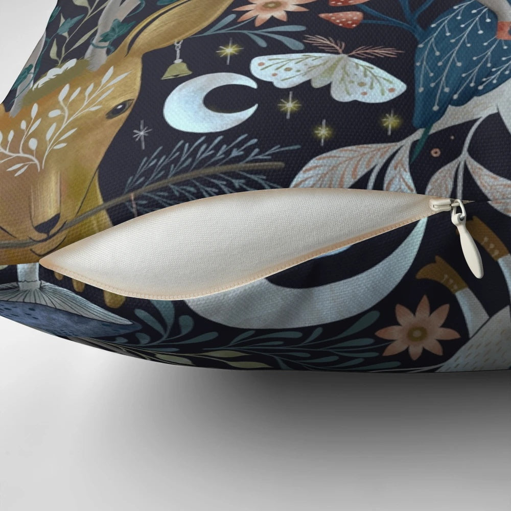 A whimsical gothic pattern pillow featuring owls, foxes, wolves, deer, crows, and mushrooms in a dark, enchanted forest setting