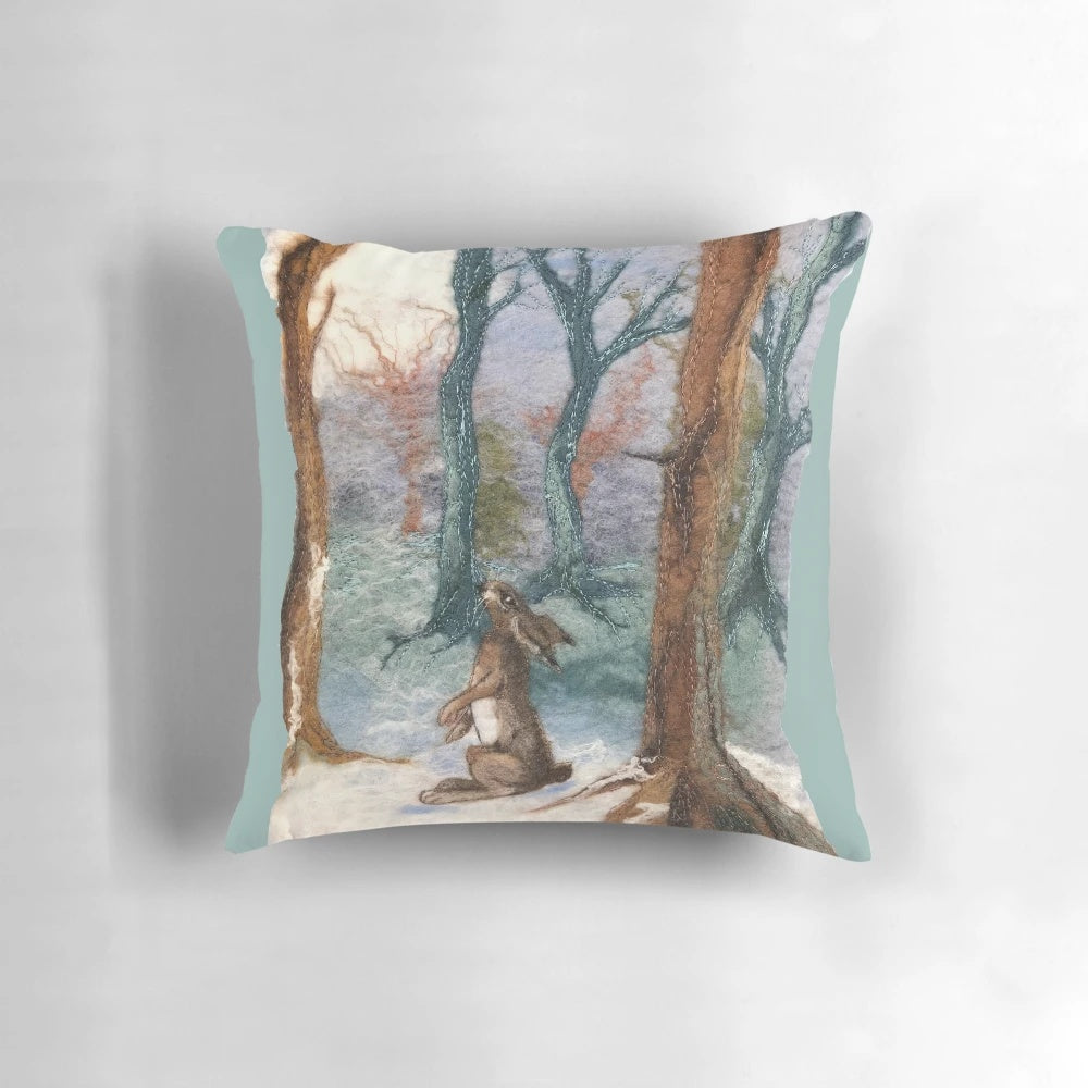 Enchanting moon gazing hare pillow with woodland and full moon motifs
