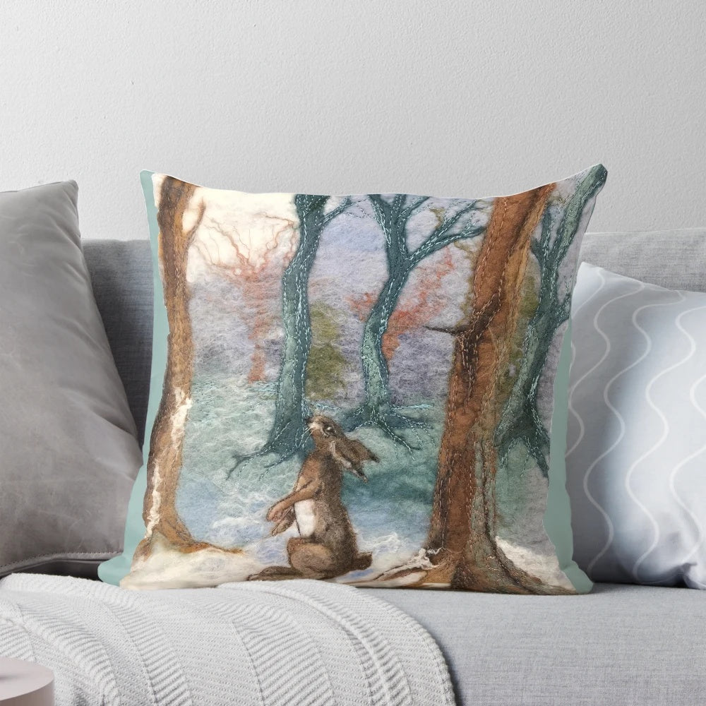 Enchanting moon gazing hare pillow with woodland and full moon motifs