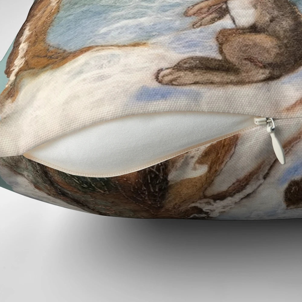 Enchanting moon gazing hare pillow with woodland and full moon motifs