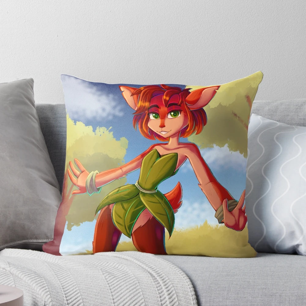 Plush pillow featuring a whimsical illustration of a mystical forest scene with magical creatures.
