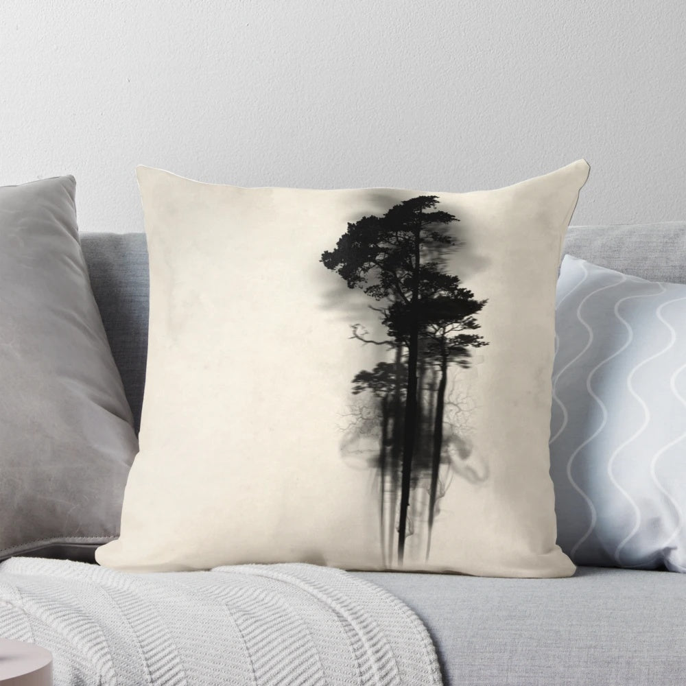 Enchanted forest pillow with watercolor trees and mist