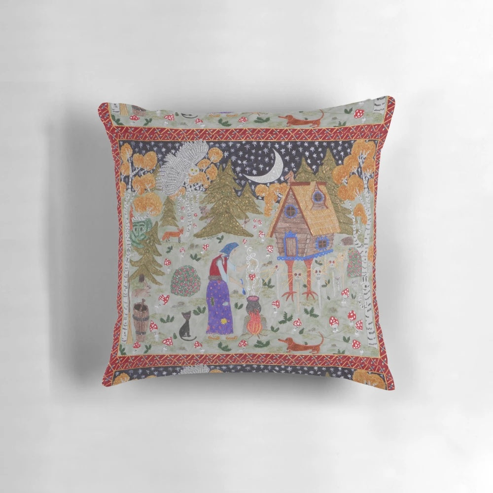 A decorative throw pillow featuring the iconic hut on chicken legs of the Baba Yaga, a legendary Slavic witch from folklore.