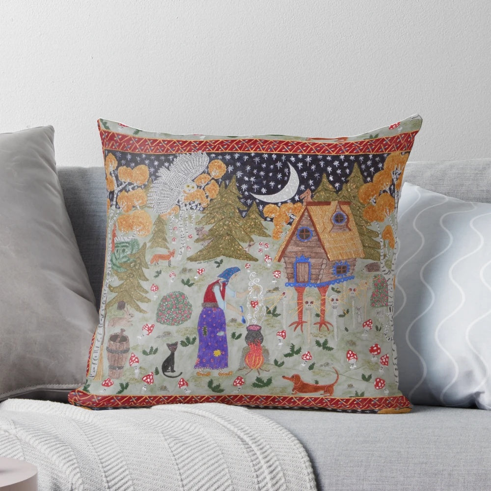 A decorative throw pillow featuring the iconic hut on chicken legs of the Baba Yaga, a legendary Slavic witch from folklore.