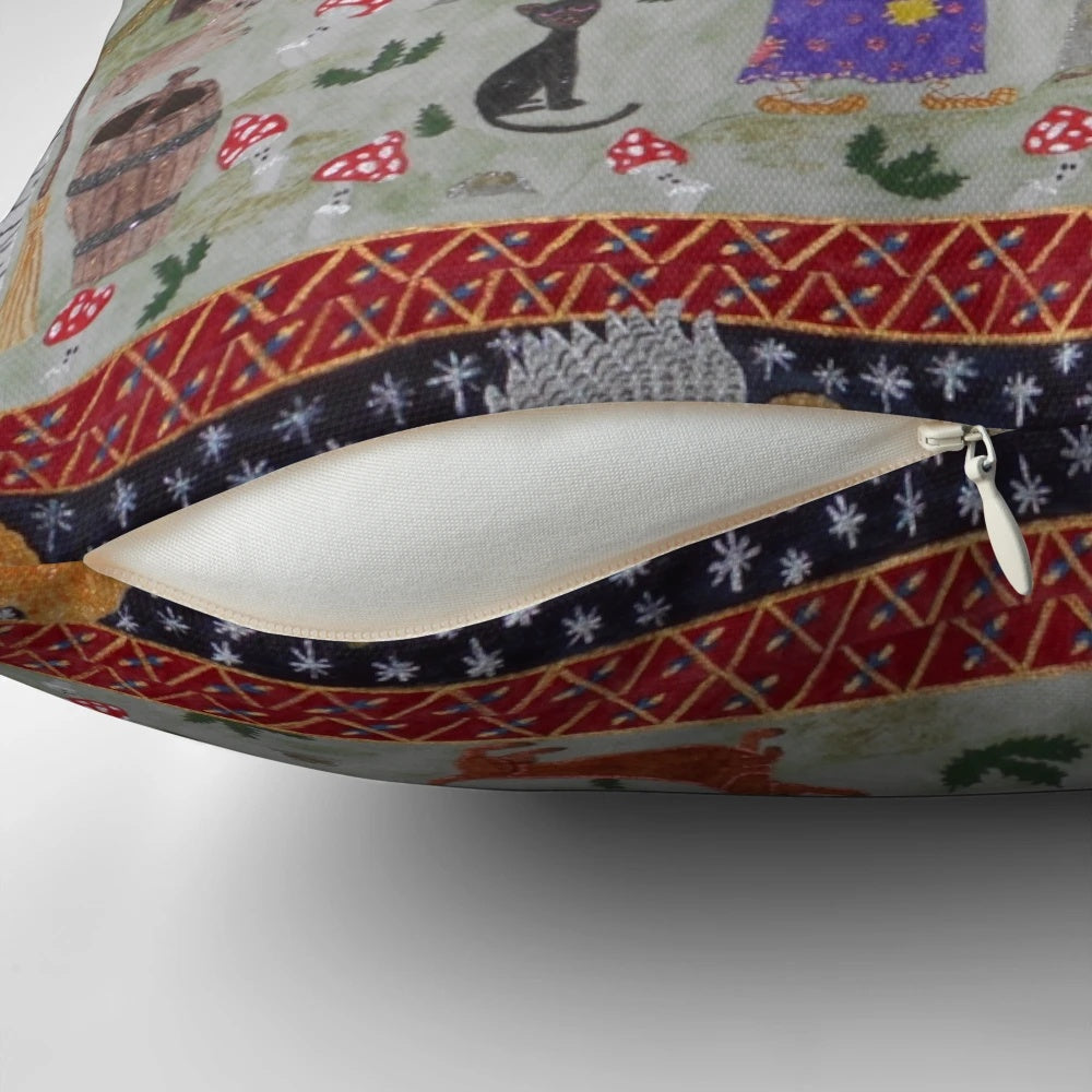 A decorative throw pillow featuring the iconic hut on chicken legs of the Baba Yaga, a legendary Slavic witch from folklore.