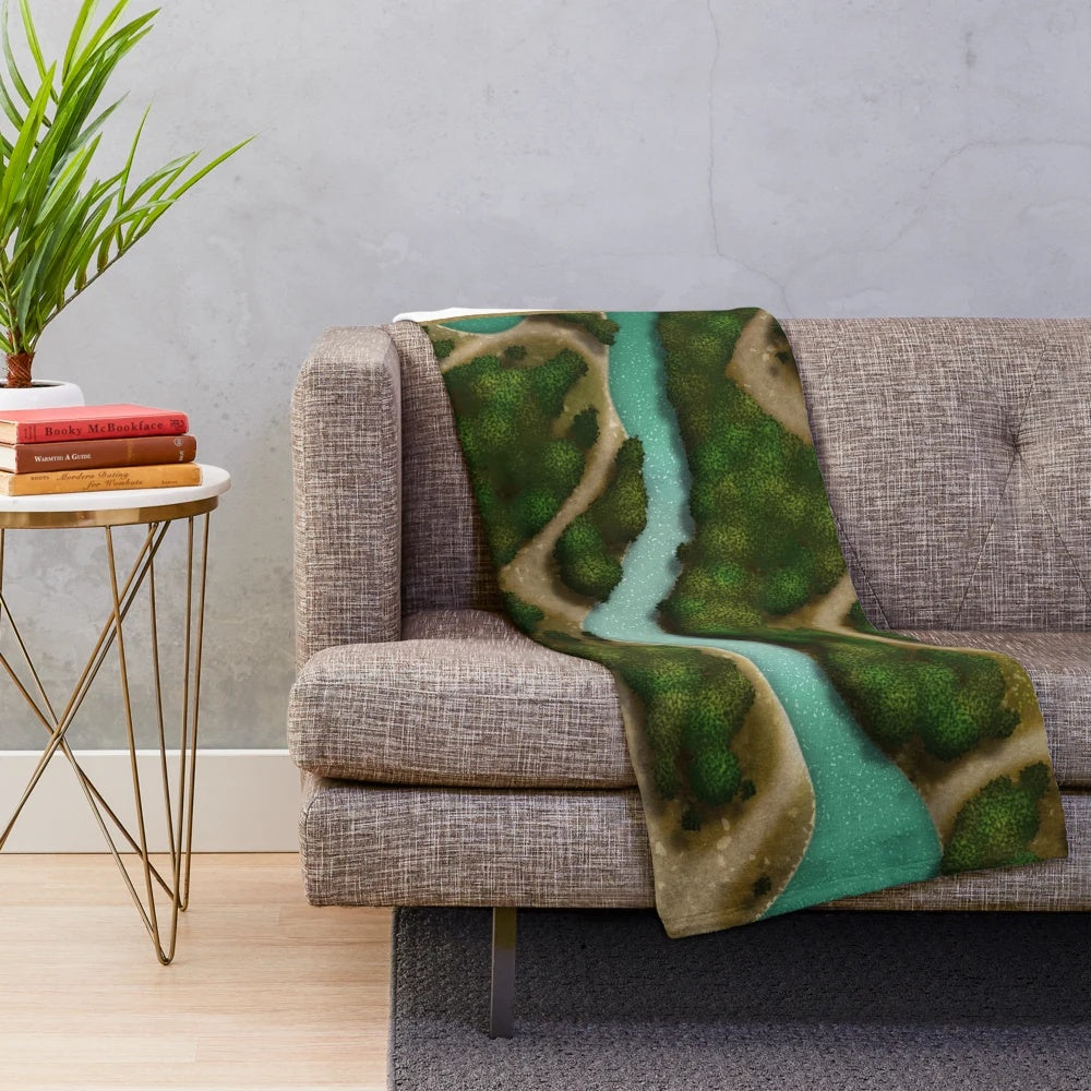 Detailed fantasy landscape plush blanket featuring a forest trail and stream for tabletop RPG games