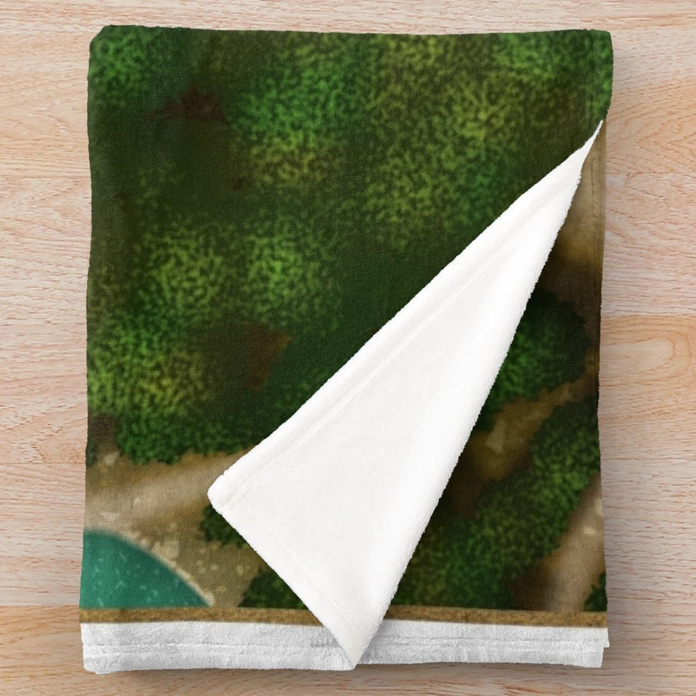 Detailed fantasy landscape plush blanket featuring a forest trail and stream for tabletop RPG games