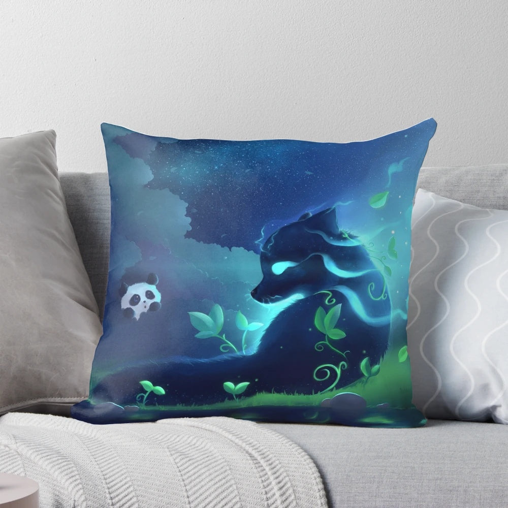 Mystical blue forest spirit wolf decorative pillow with fantasy animal design