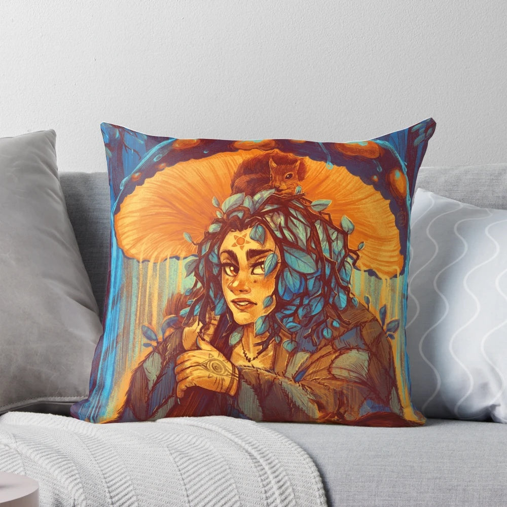 A whimsical illustration of a forest witch sitting under a magical mushroom in an autumn forest setting.