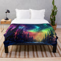 Enchanted glowing forest plush blanket with aurora borealis inspired design