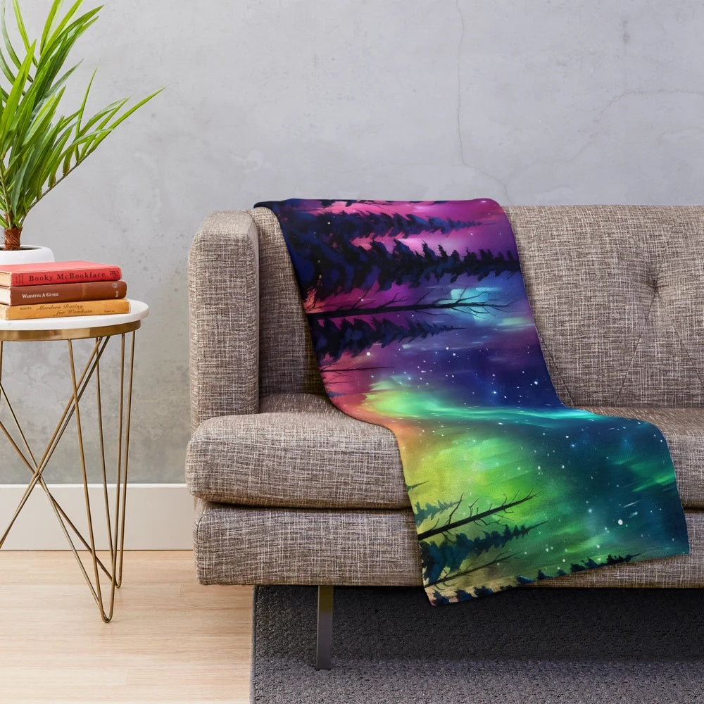 Enchanted glowing forest plush blanket with aurora borealis inspired design