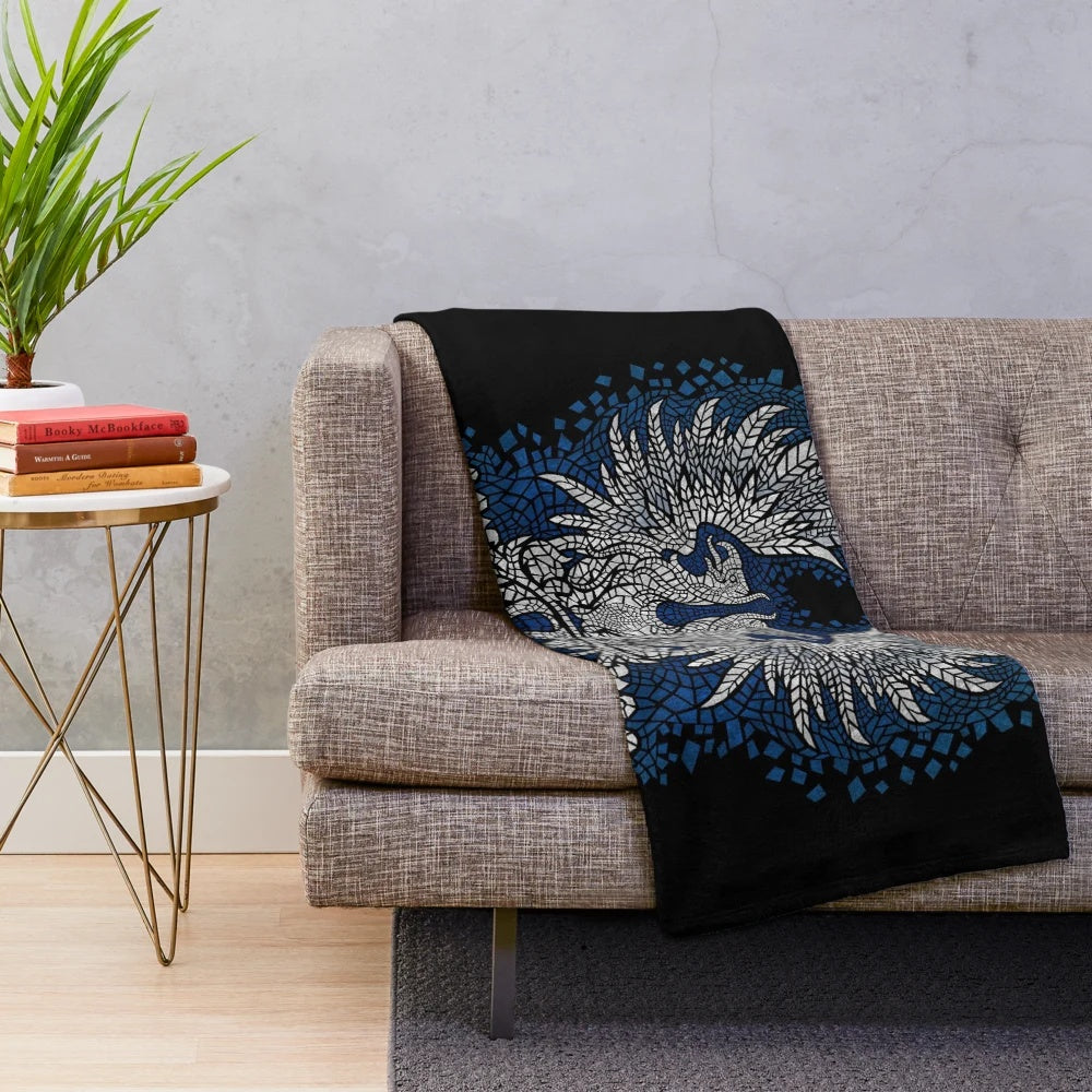 Grey plush blanket with fantasy griffin design