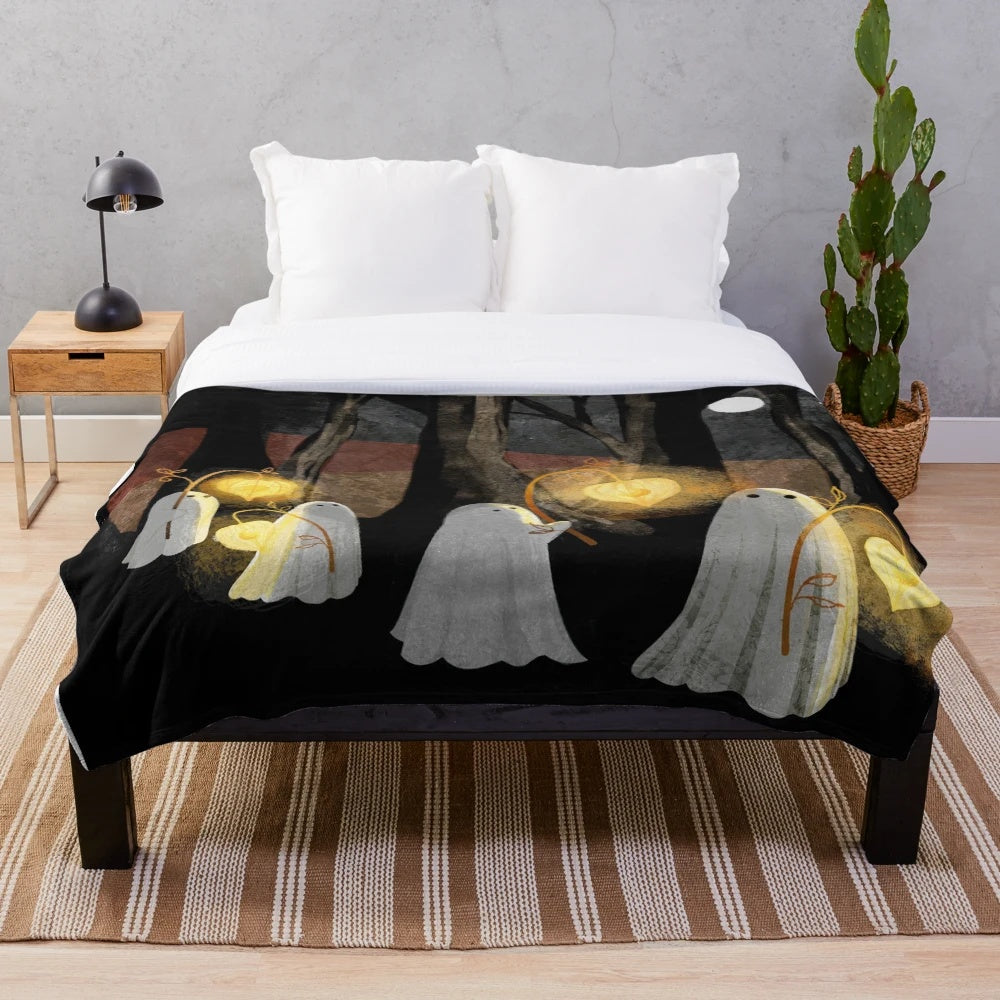 Haunted forest plush blanket with glowing lanterns and eerie moon