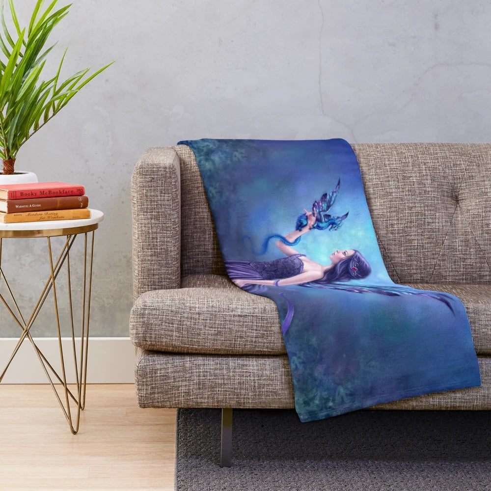 Iridescent fairy and dragon plush blanket with whimsical celestial design