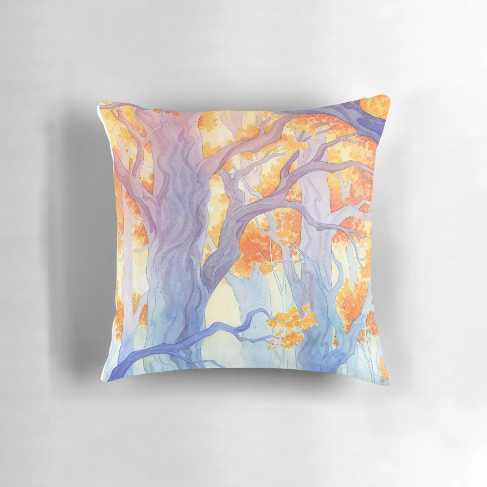 Enchanted watercolor painting of a ship sailing through a forest on a fantasy pillow
