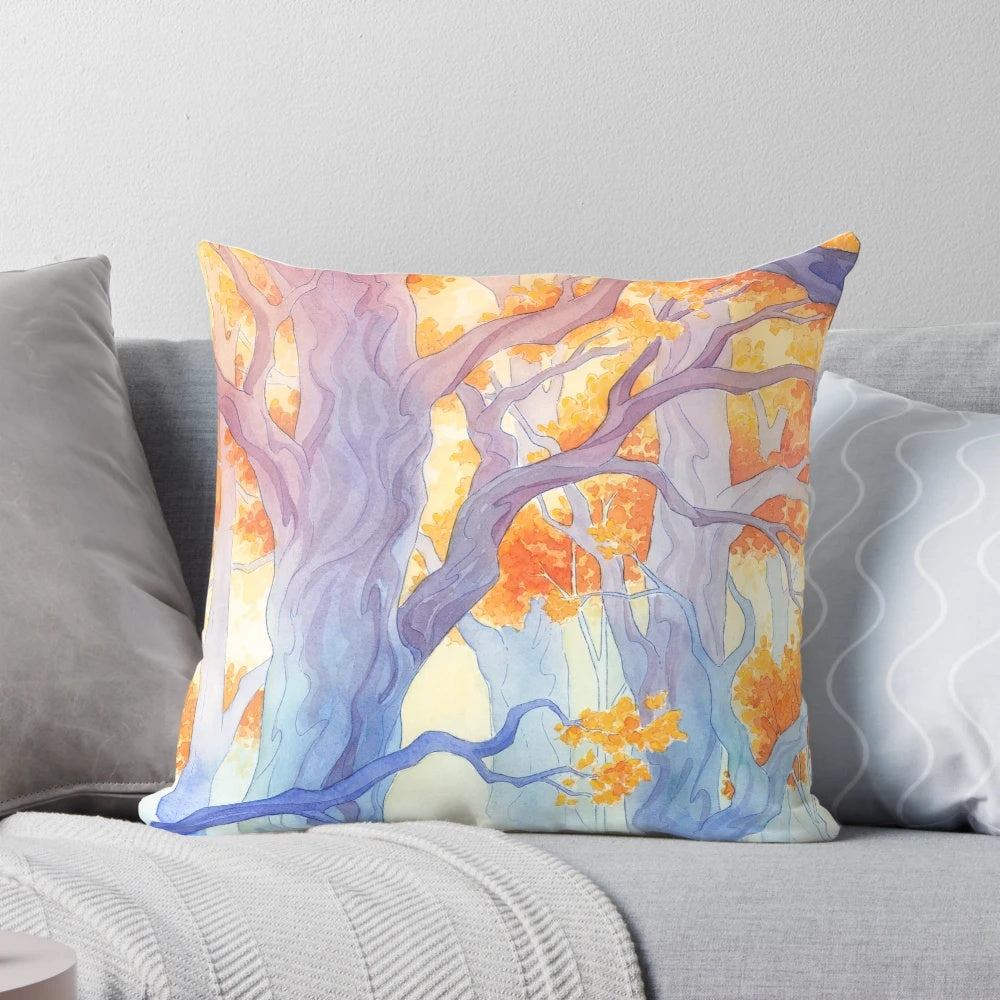 Enchanted watercolor painting of a ship sailing through a forest on a fantasy pillow