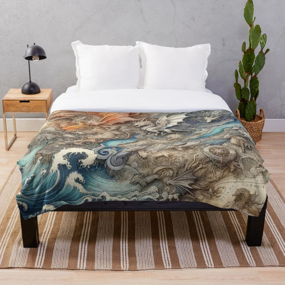 Plush blanket featuring a mythical dragon and enchanted fantasy map design