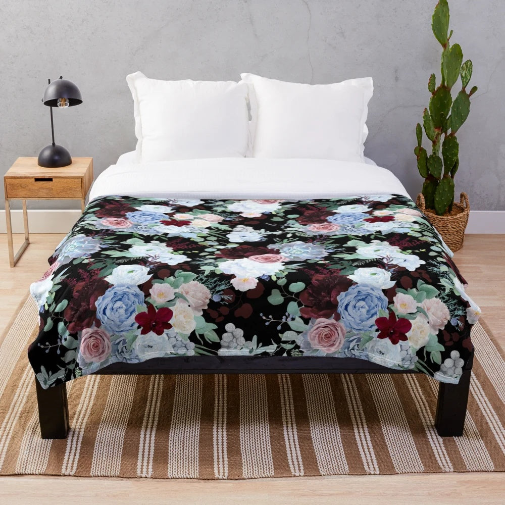 Midnight floral plush blanket with mythical design elements