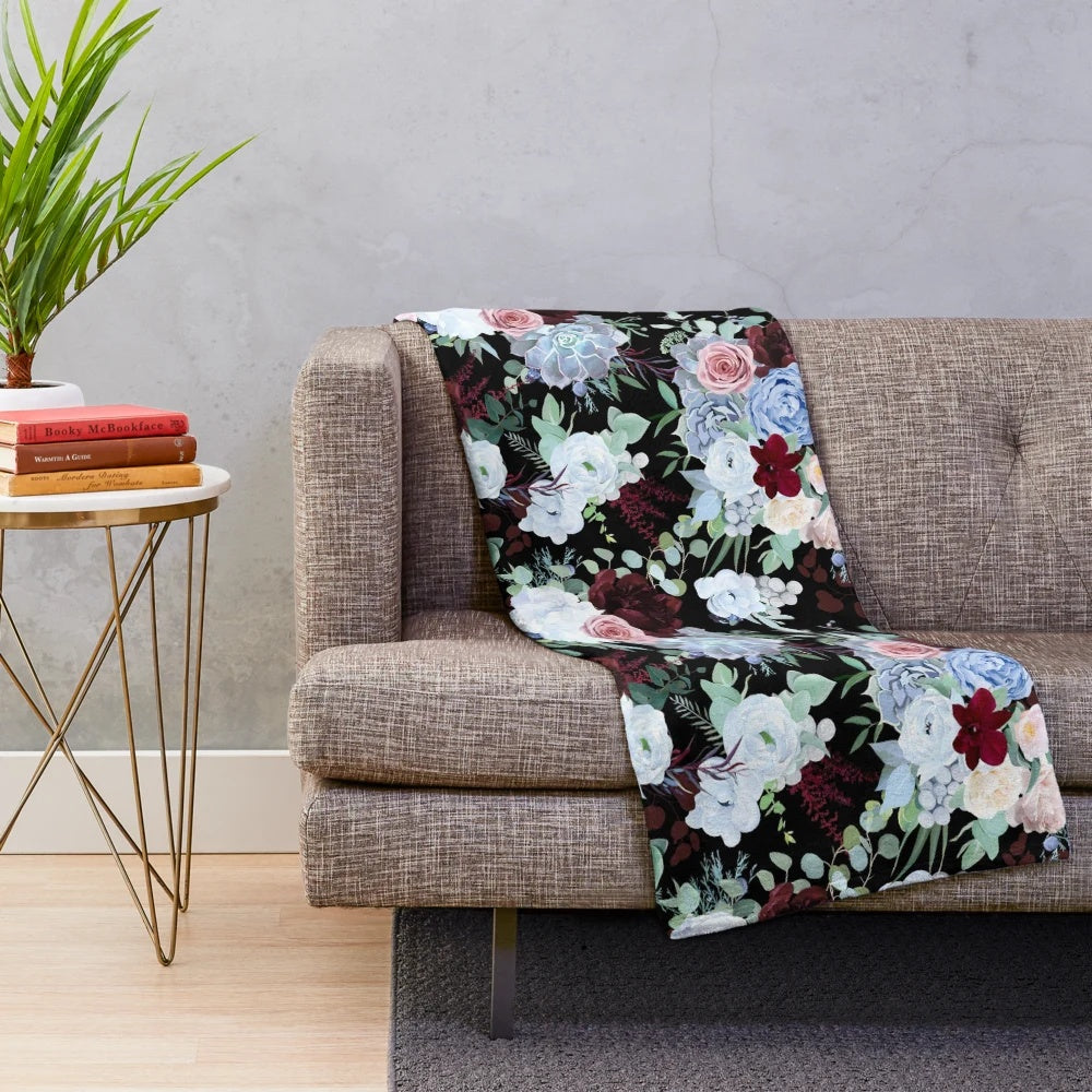 Midnight floral plush blanket with mythical design elements