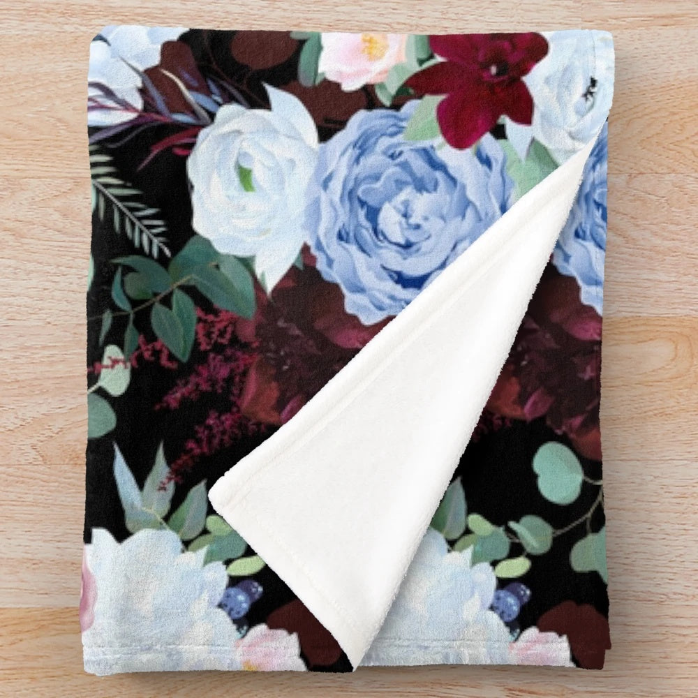 Midnight floral plush blanket with mythical design elements