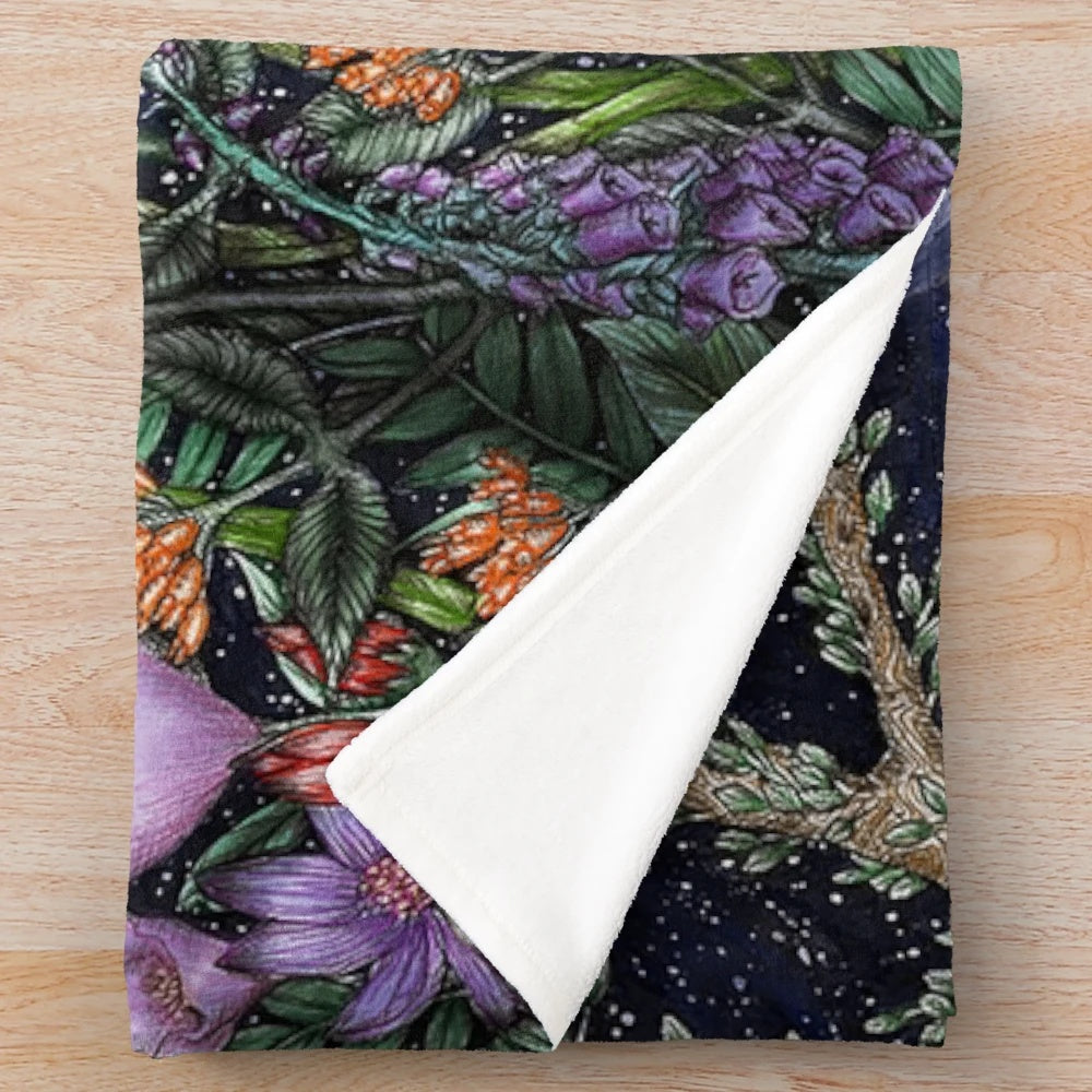Plush blanket featuring a pen and ink illustration of a magical midnight garden scene with a glowing moon, flowers, and trees