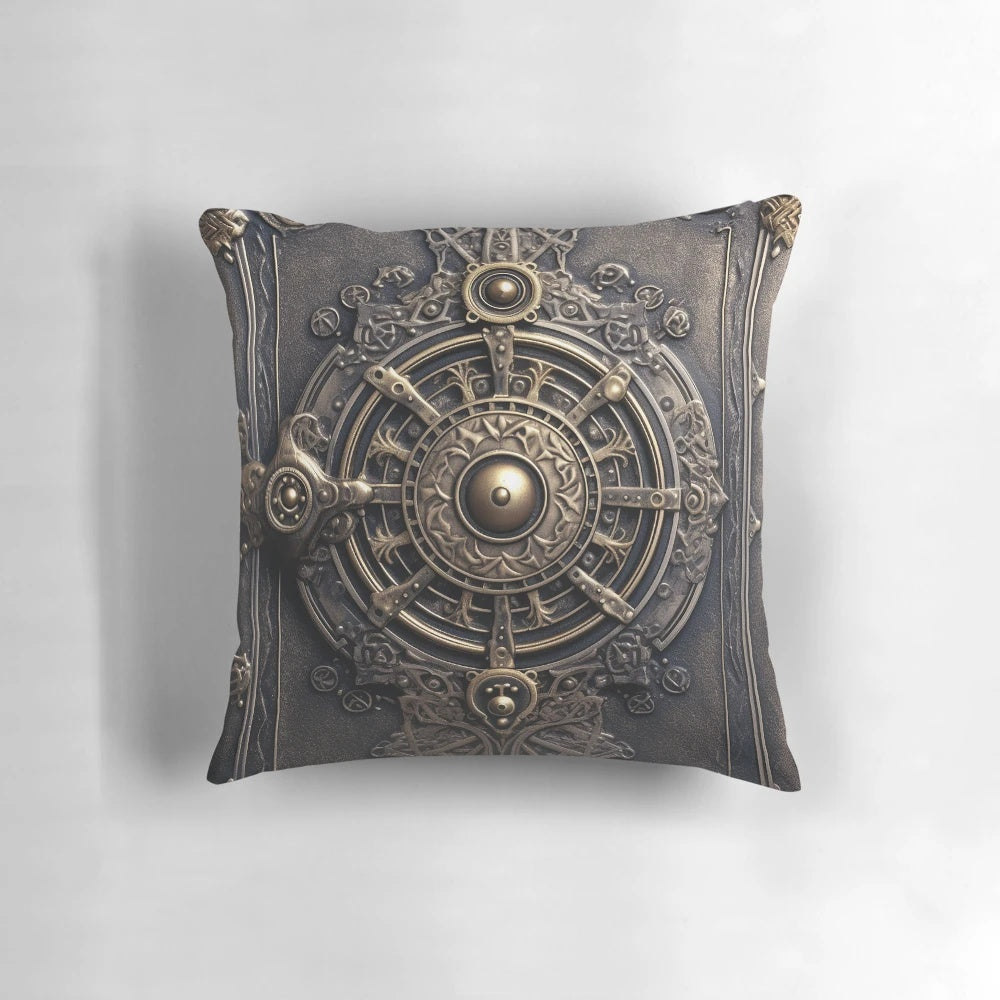 Mystical Spellbook Pillow with Arcane Designs, Vintage Look, and Gold Accents