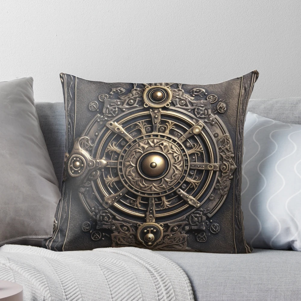 Mystical Spellbook Pillow with Arcane Designs, Vintage Look, and Gold Accents