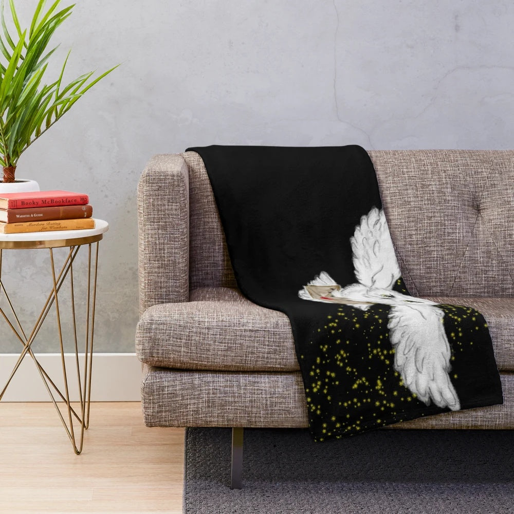 Cozy plush blanket featuring a flying owl design, perfect for bookworms and fans of magical themes