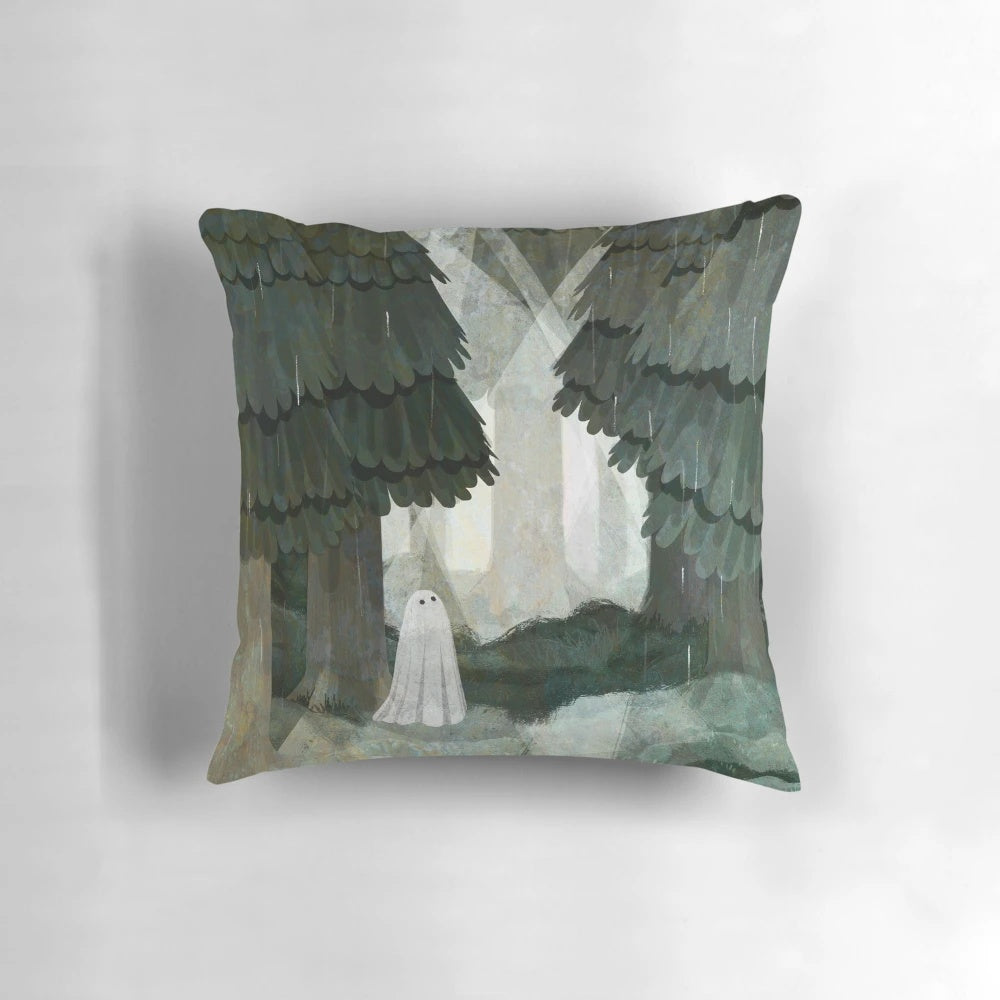 Enchanting pine forest pillow with a haunted, spooky atmosphere