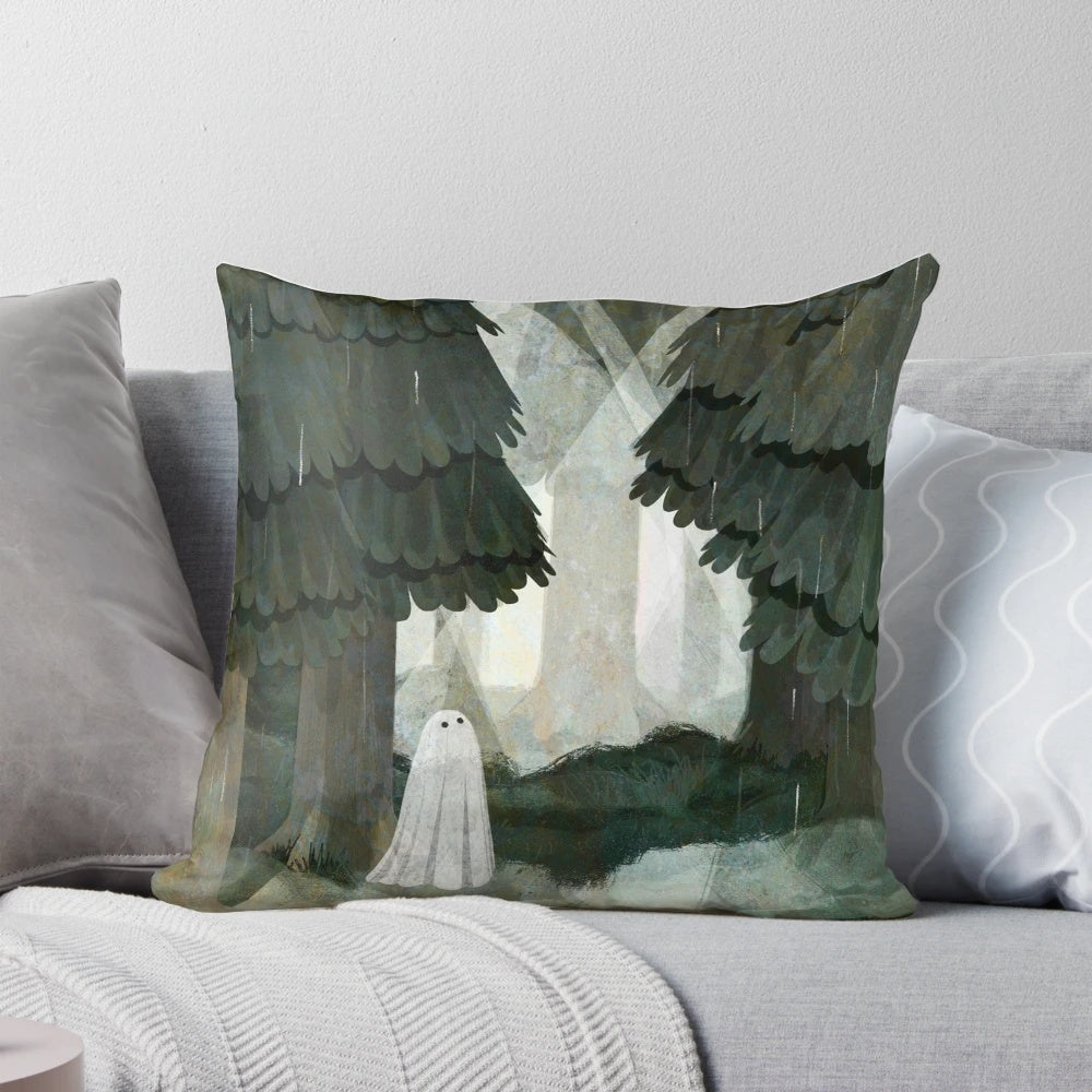 Enchanting pine forest pillow with a haunted, spooky atmosphere