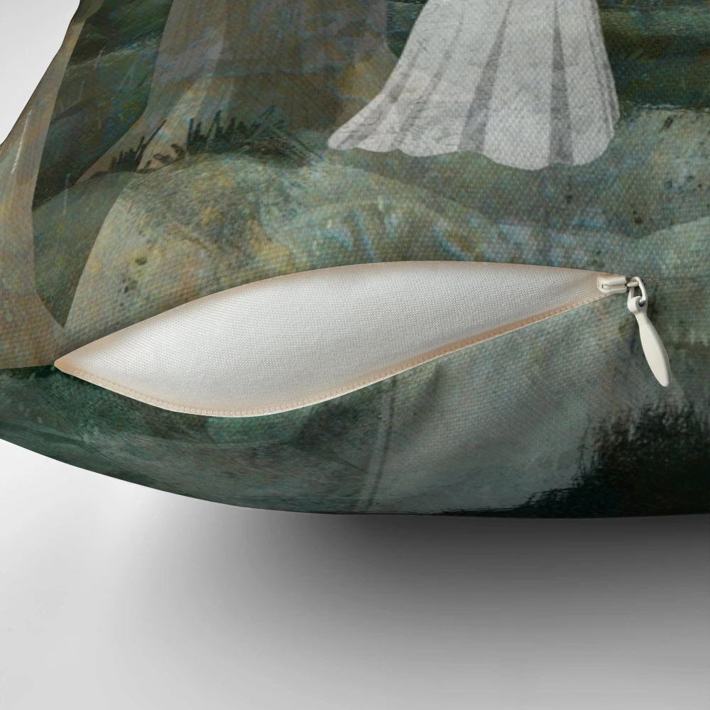 Enchanting pine forest pillow with a haunted, spooky atmosphere