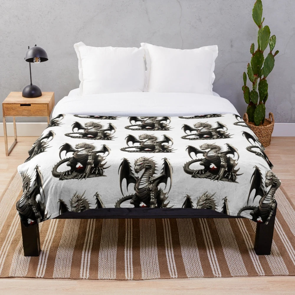 Fantasy plush blanket featuring armored knight and dragon