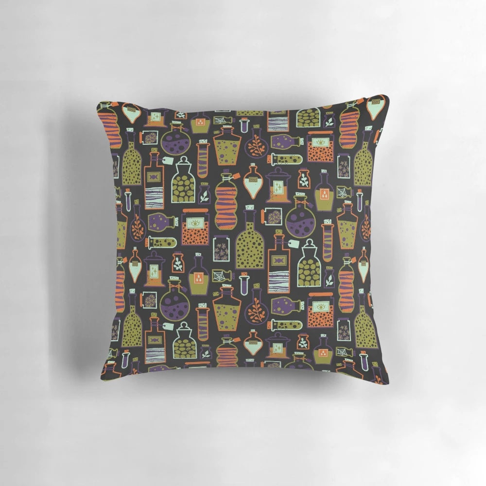 Decorative throw pillow featuring a potion shelf design with witchy, magical elements in vibrant purple, orange, and green colors.