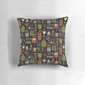 Decorative throw pillow featuring a potion shelf design with witchy, magical elements in vibrant purple, orange, and green colors.