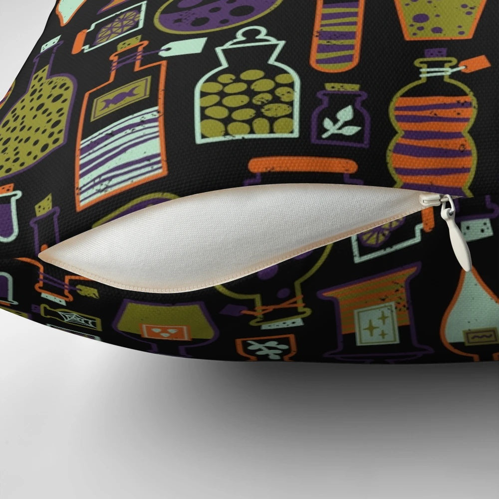 Decorative throw pillow featuring a potion shelf design with witchy, magical elements in vibrant purple, orange, and green colors.