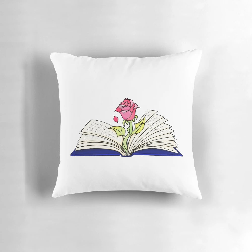 Enchanted rose growing from open book decorative throw pillow inspired by Beauty and the Beast