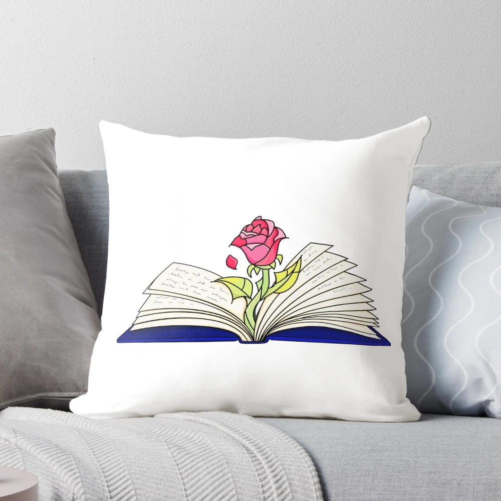 Enchanted rose growing from open book decorative throw pillow inspired by Beauty and the Beast