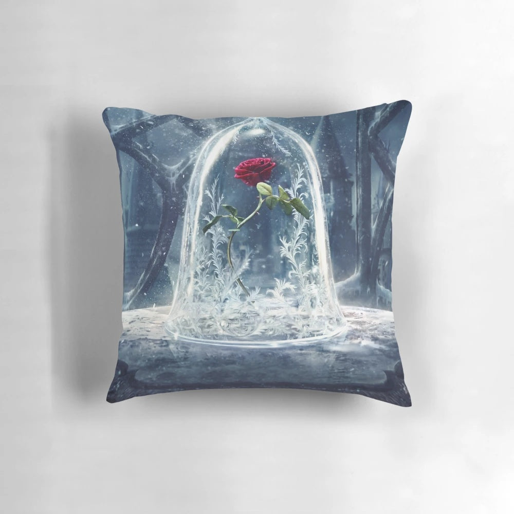 Enchanted rose pillow with petals on a soft, plush cushion