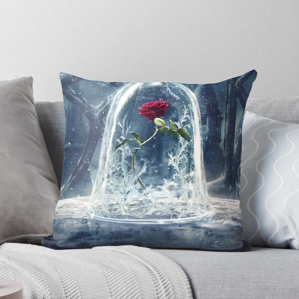 Enchanted rose pillow with petals on a soft, plush cushion