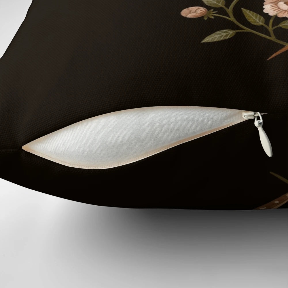 A decorative pillow featuring a serpent or snake design in a mystical, enchanted floral scene with stars and moon.