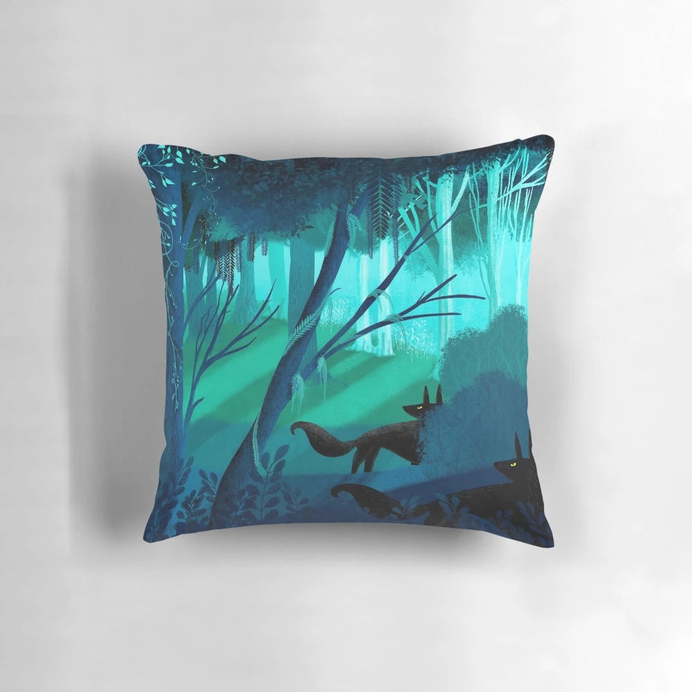 A Pillow featuring a mystical design of shadow wolves stalking through an enchanted forest under a moonlit night sky