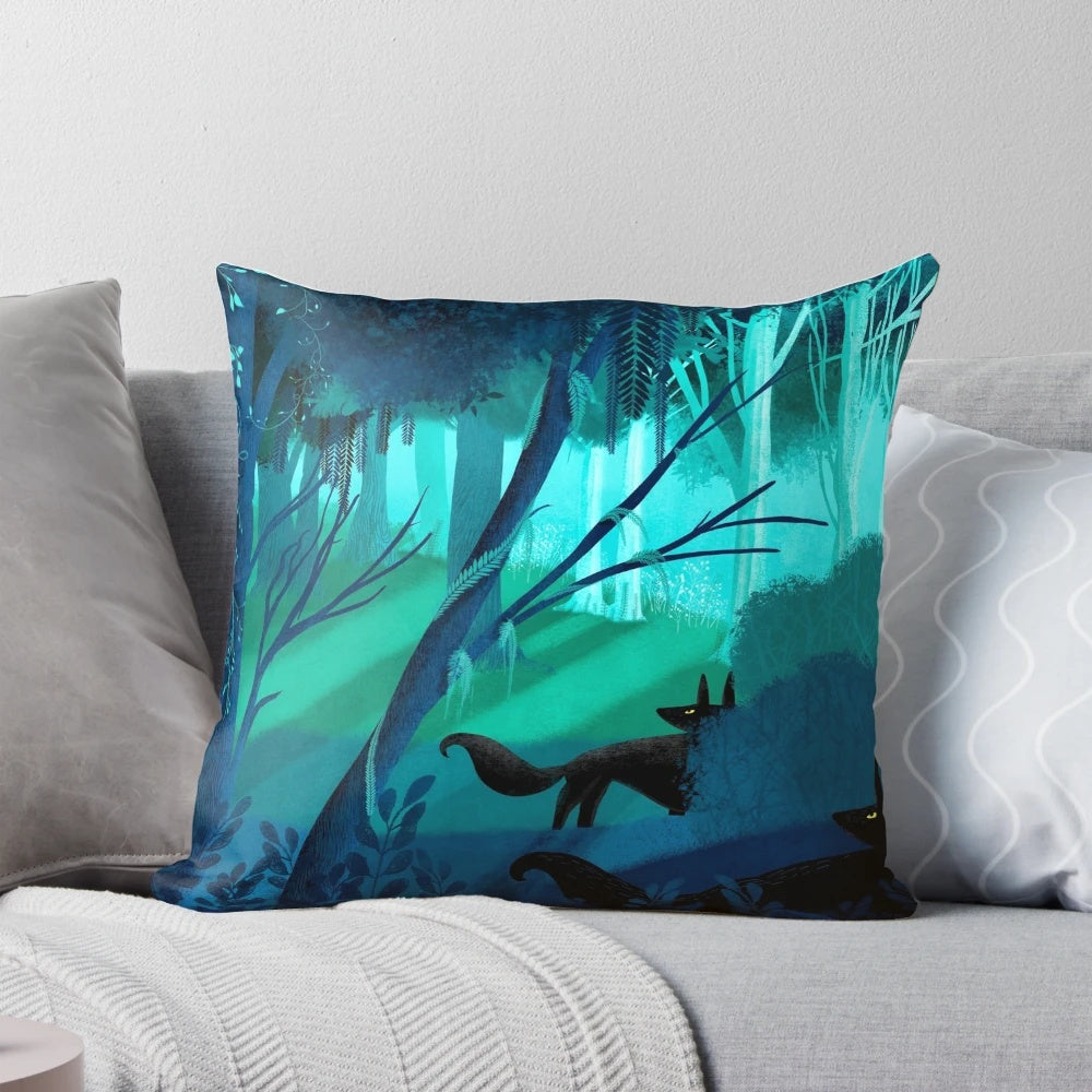 A Pillow featuring a mystical design of shadow wolves stalking through an enchanted forest under a moonlit night sky