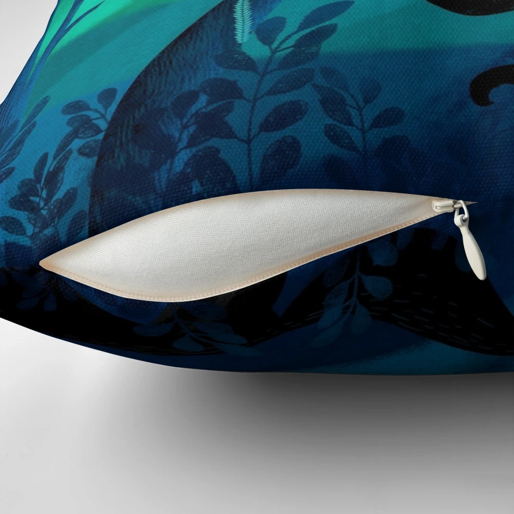 A Pillow featuring a mystical design of shadow wolves stalking through an enchanted forest under a moonlit night sky
