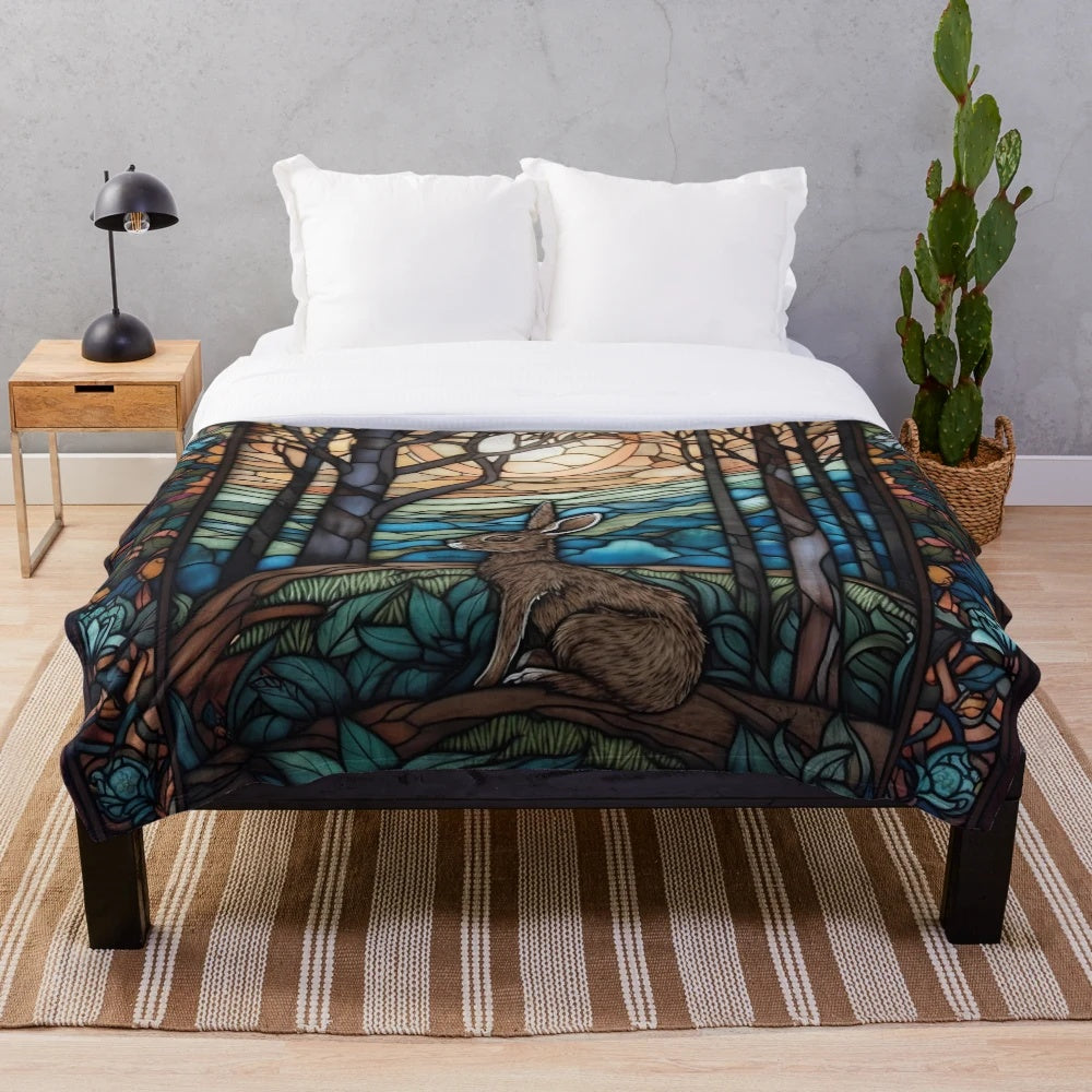 Stained glass hare and moonbeams plush blanket