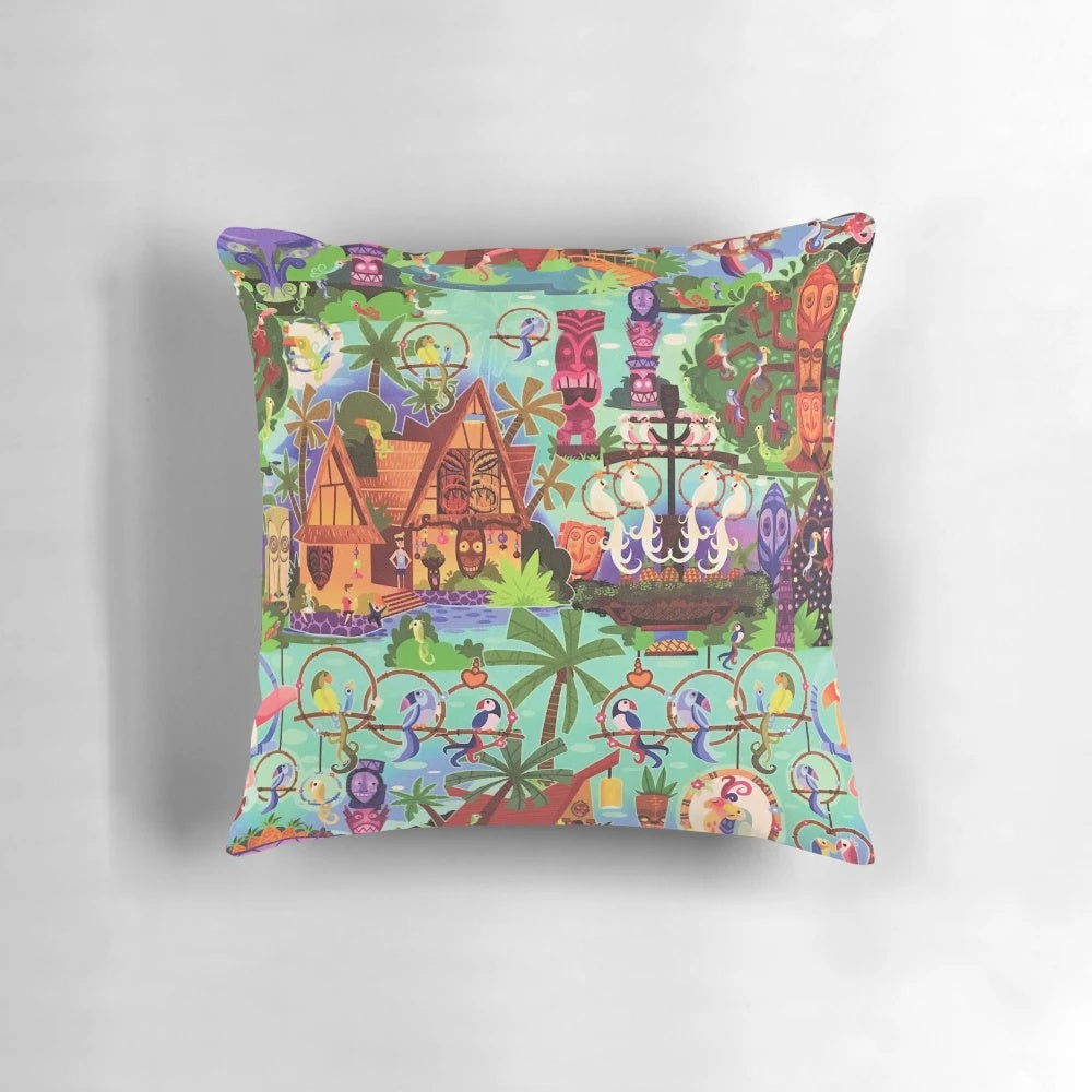 Colorful collage pillow with Enchanted Tiki Room inspired artwork and tropical motifs