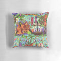 Colorful collage pillow with Enchanted Tiki Room inspired artwork and tropical motifs